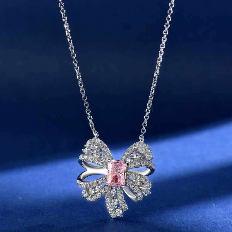 Jzora handmade pink radiant bow sterling silver diamond necklace