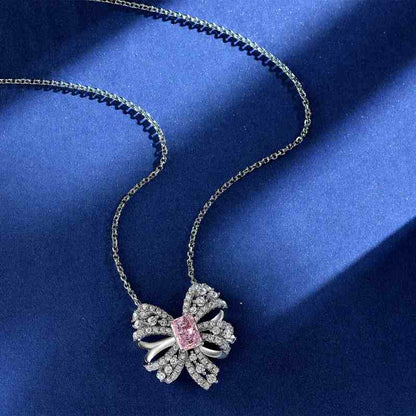 Jzora handmade pink radiant bow sterling silver diamond necklace