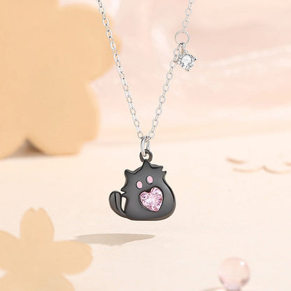 Jzora handmade pink heart cut cute cartoon kitten sterling silver necklace