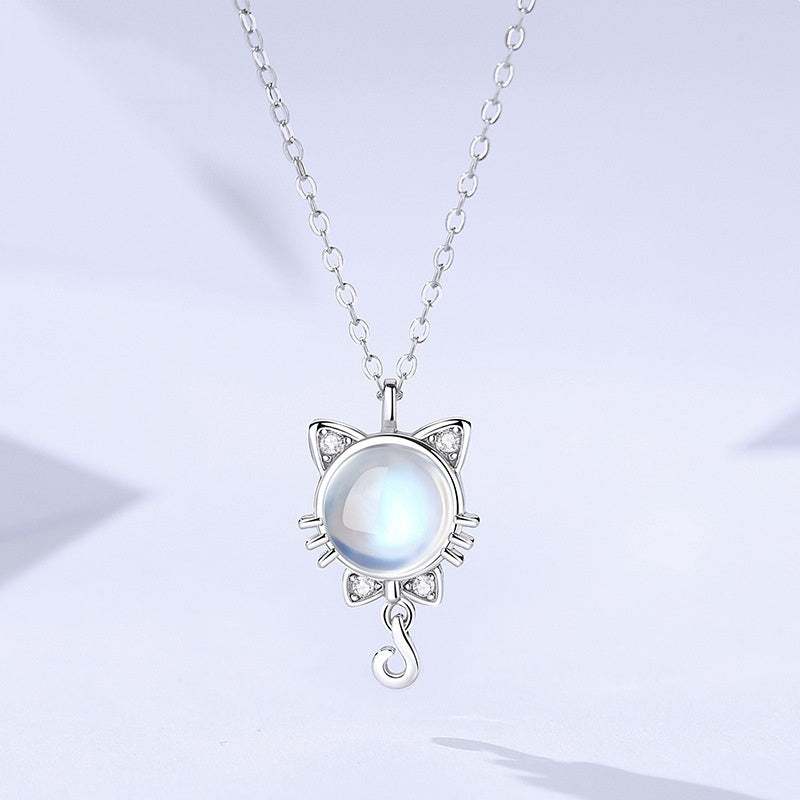 Jzora handmade moonstone cat sterling silver necklace