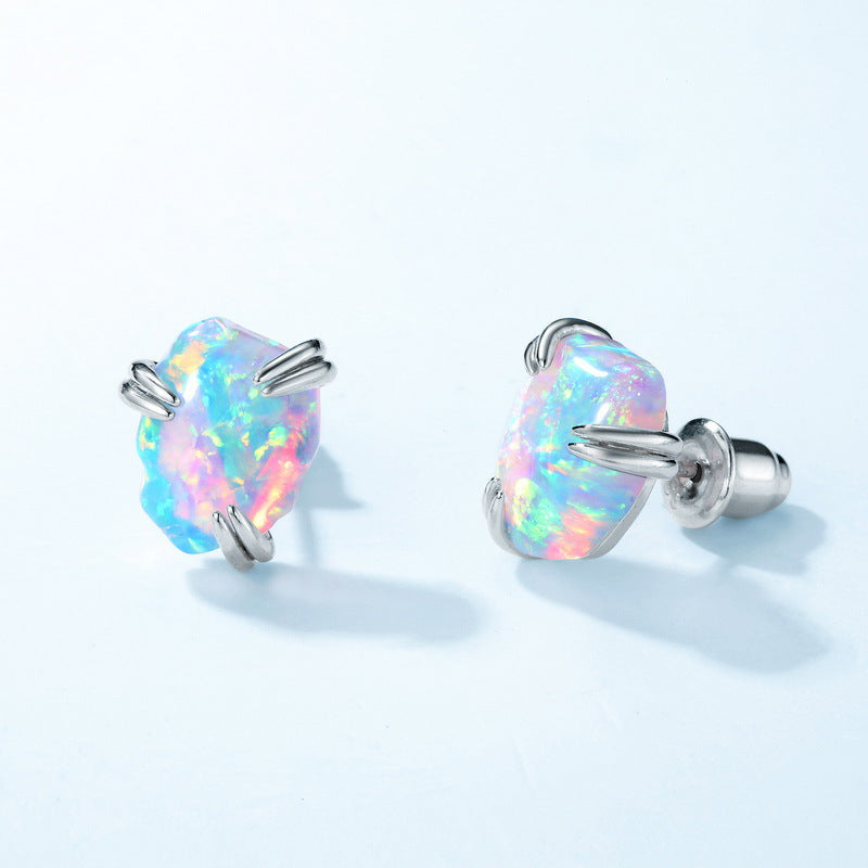 Jzora handmade irregularly shape fiery opal sterling silver earrings