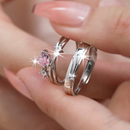 Jzora delicate pink heart star Sterling Silver Adjustable Couple Rings