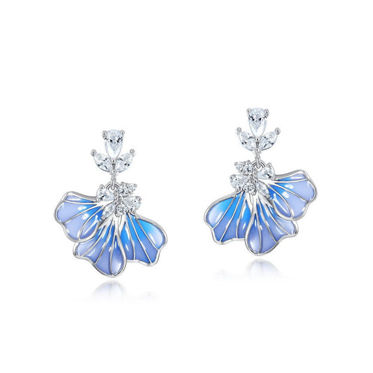 Jzora Handmade Blue Iris Enamel Sterling Silver Earrings