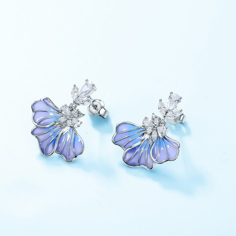 Jzora Handmade Blue Iris Enamel Sterling Silver Earrings