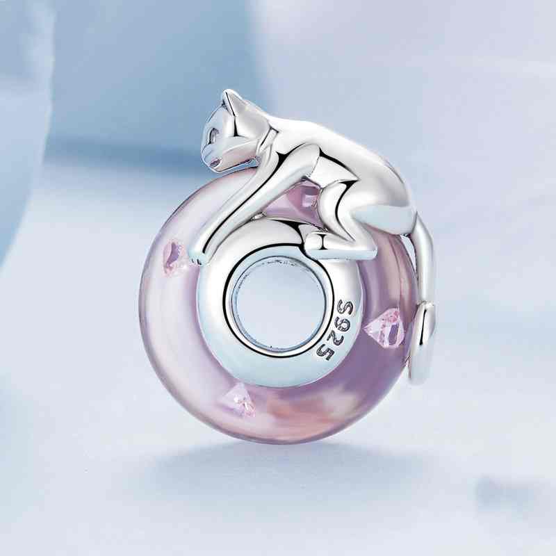 Jzora Cute Pink Lucite Cat Sterling Silver Charm