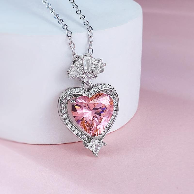 Jzora handmade Heart Pink Necklace sterling silver diamond necklace