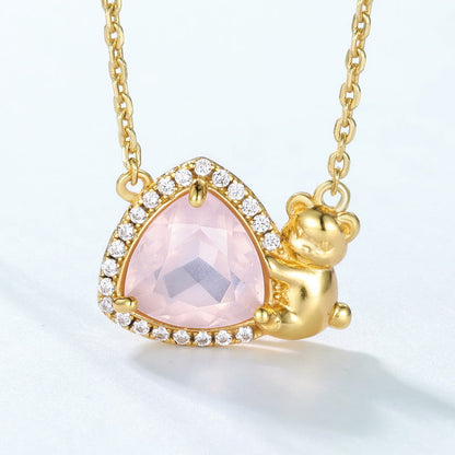 Jzora handmade pink cute bear fashion sterling silver necklace