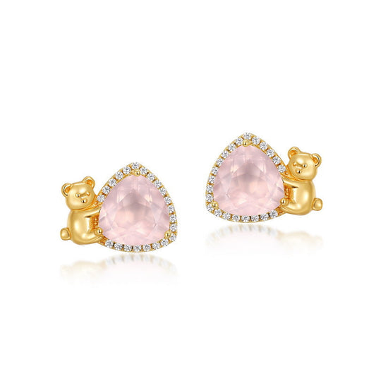 Jzora handmade triangle pink crystal cute bear sterling silver earrings