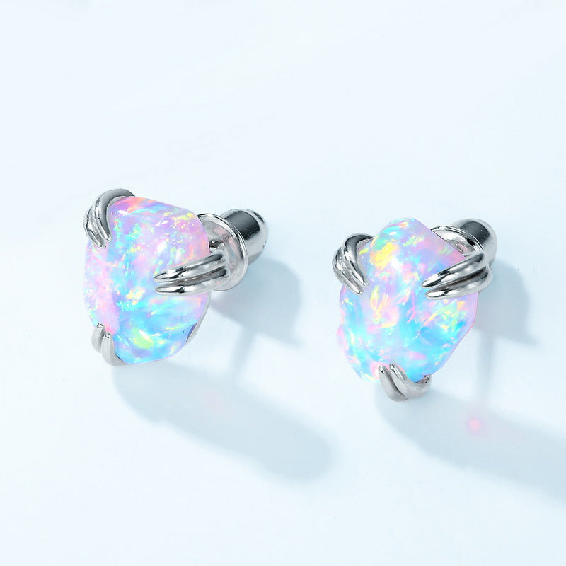Jzora handmade irregularly shape fiery opal sterling silver earrings