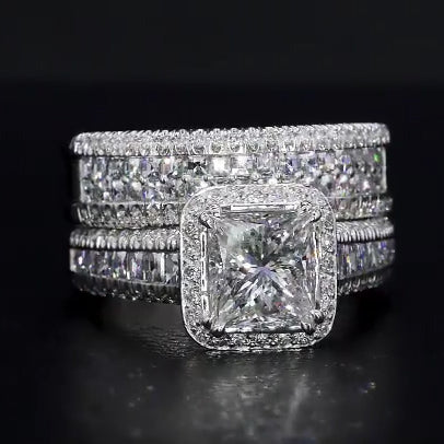 Jzora handmade vintage princess cut halo created diamond sterling silver bridal set