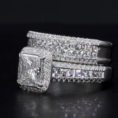 Jzora handmade vintage princess cut halo created diamond sterling silver bridal set