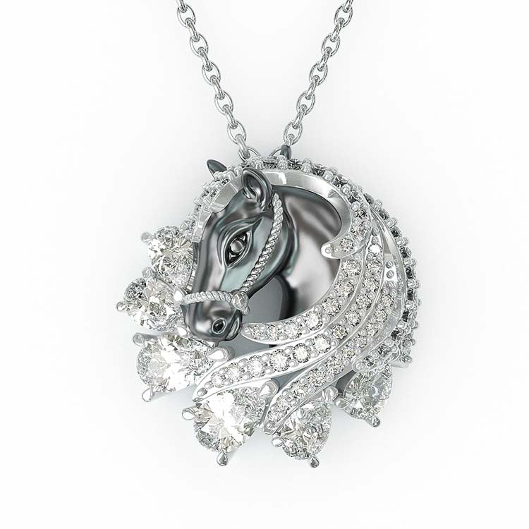 Jzora Handmade Classic Horse Sterling Silver Diamond Necklace