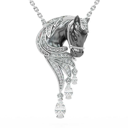 Jzora Handmade Classic Horse Sterling Silver Diamond Necklace