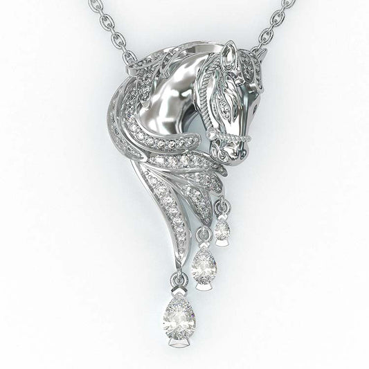 Jzora Handmade Classic Horse Sterling Silver Diamond Necklace