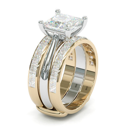 Jzora handmade princess cut Moissanite two tone anniversary ring wedding ring bridal set